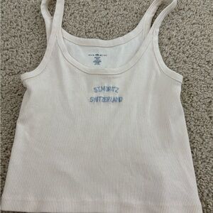 Brandy White Ribbed Tank Top with Blue Embroidery